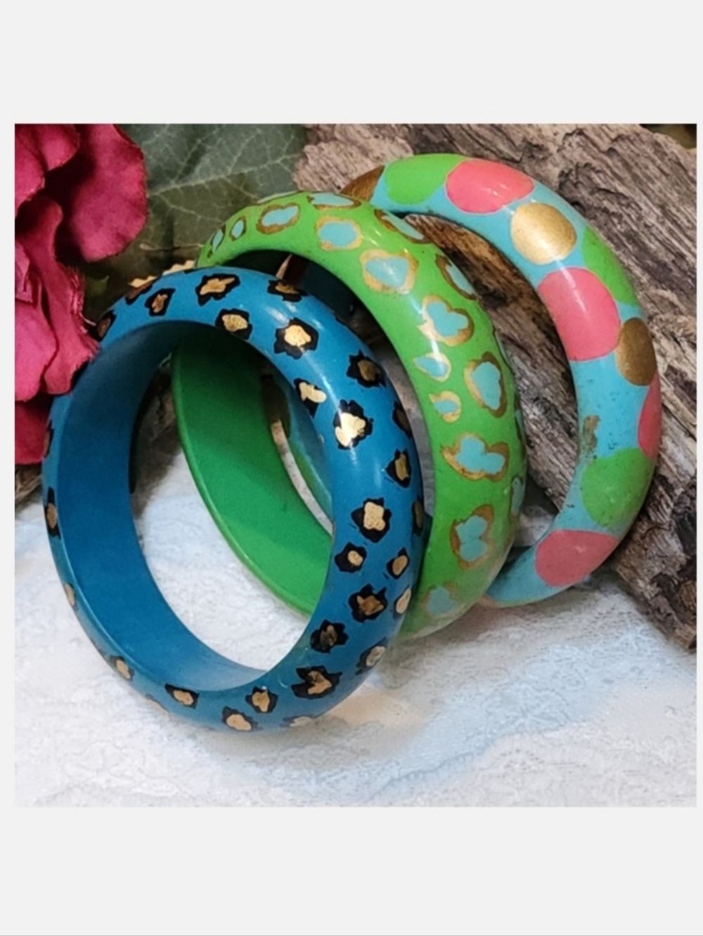 Vintage Boho Hand Painted Animal Print and Polka-dot Wood Bangle Bracelets